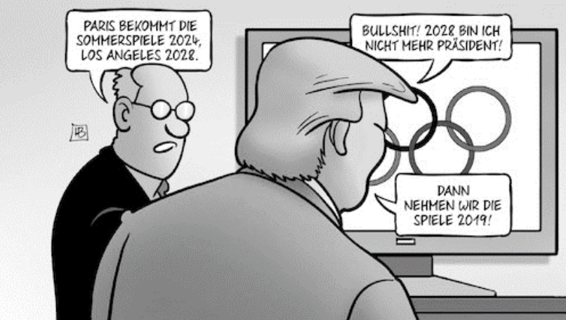 Karikatur: Mann mit markanter Frisur vor Bildschirm mit Olympischen Ringen, Sprechblasen über Vergabe der Sommerspiele.